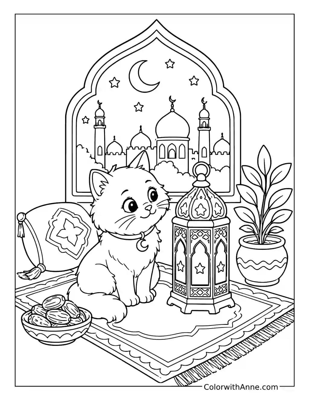 Ramadan Cat with a Lantern coloring page