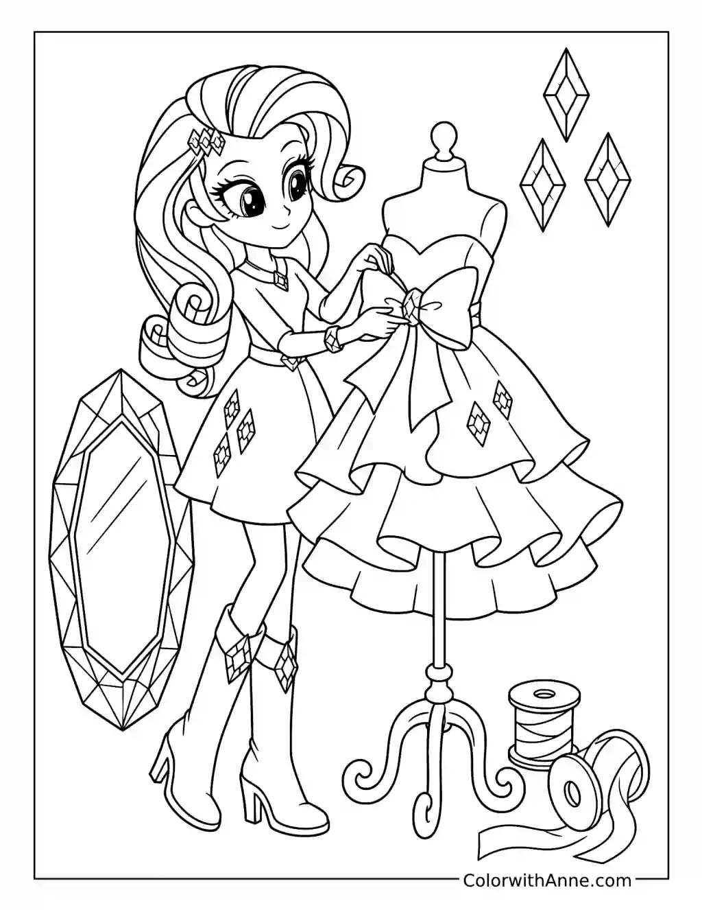 Rarity Designing a Bow Dress coloring page