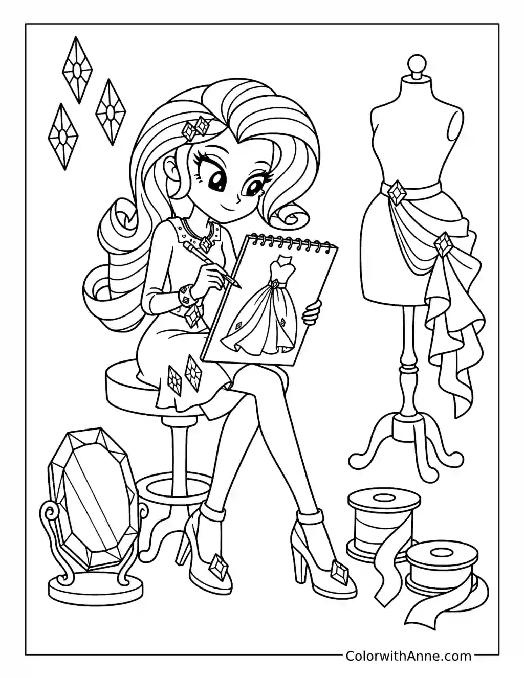 Rarity Sketching a Dress coloring page