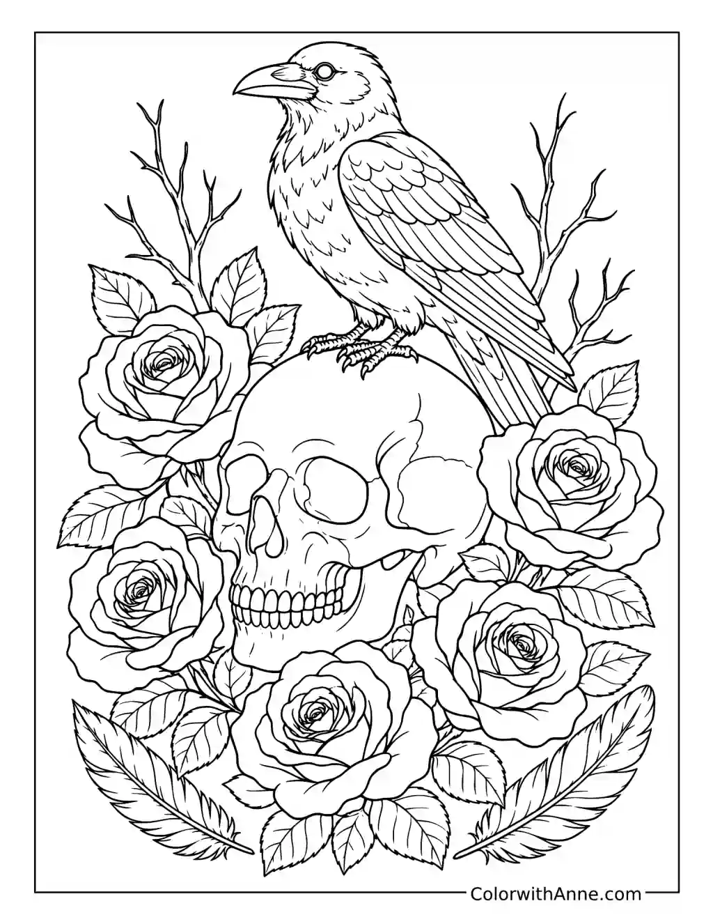 Raven Perched on a Skull among Roses coloring page