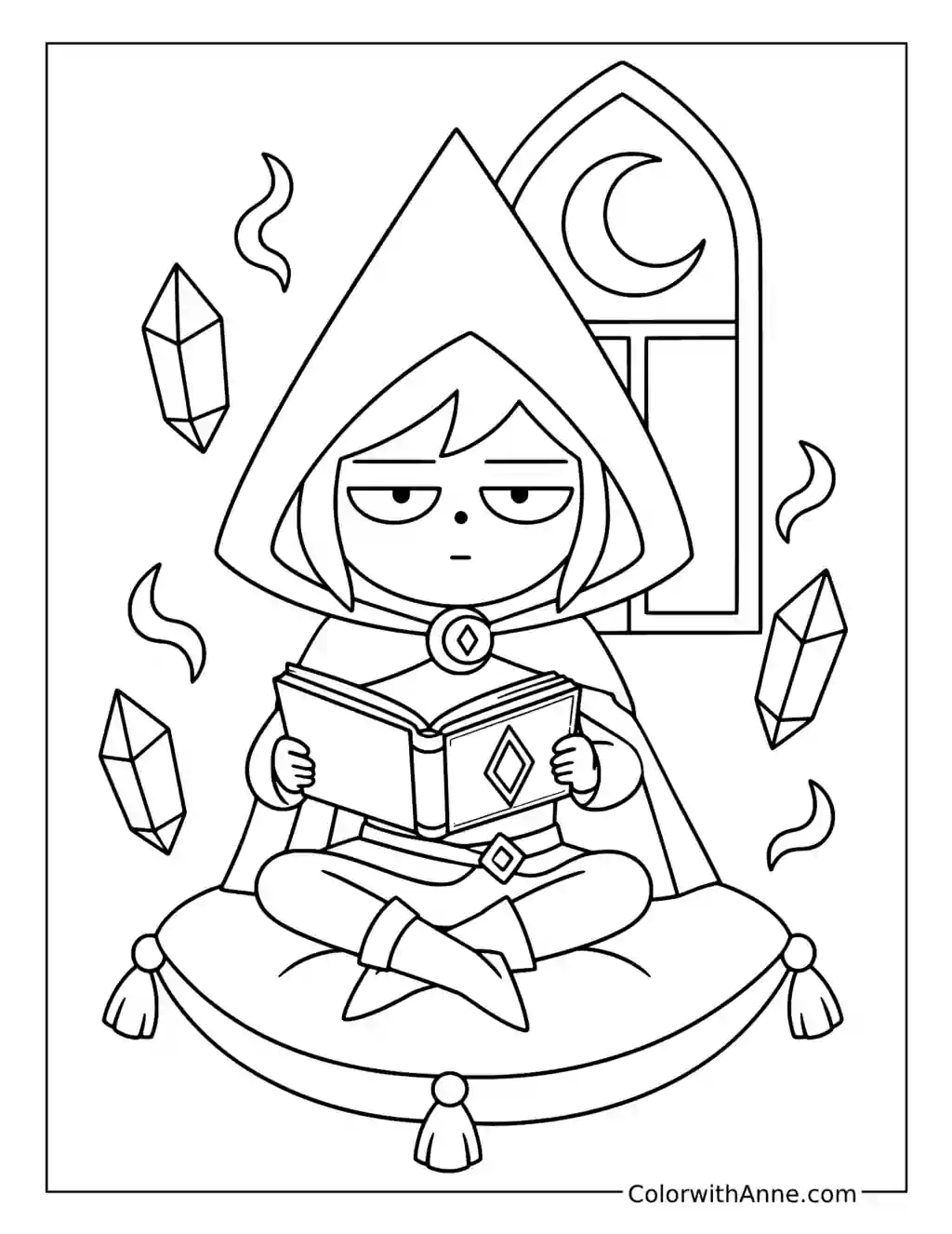 Raven Reads a Spellbook Among Floating Crystals Coloring Page