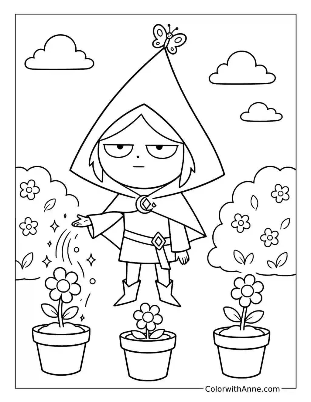 Raven Uses Magic to Grow Potted Flowers Coloring Page