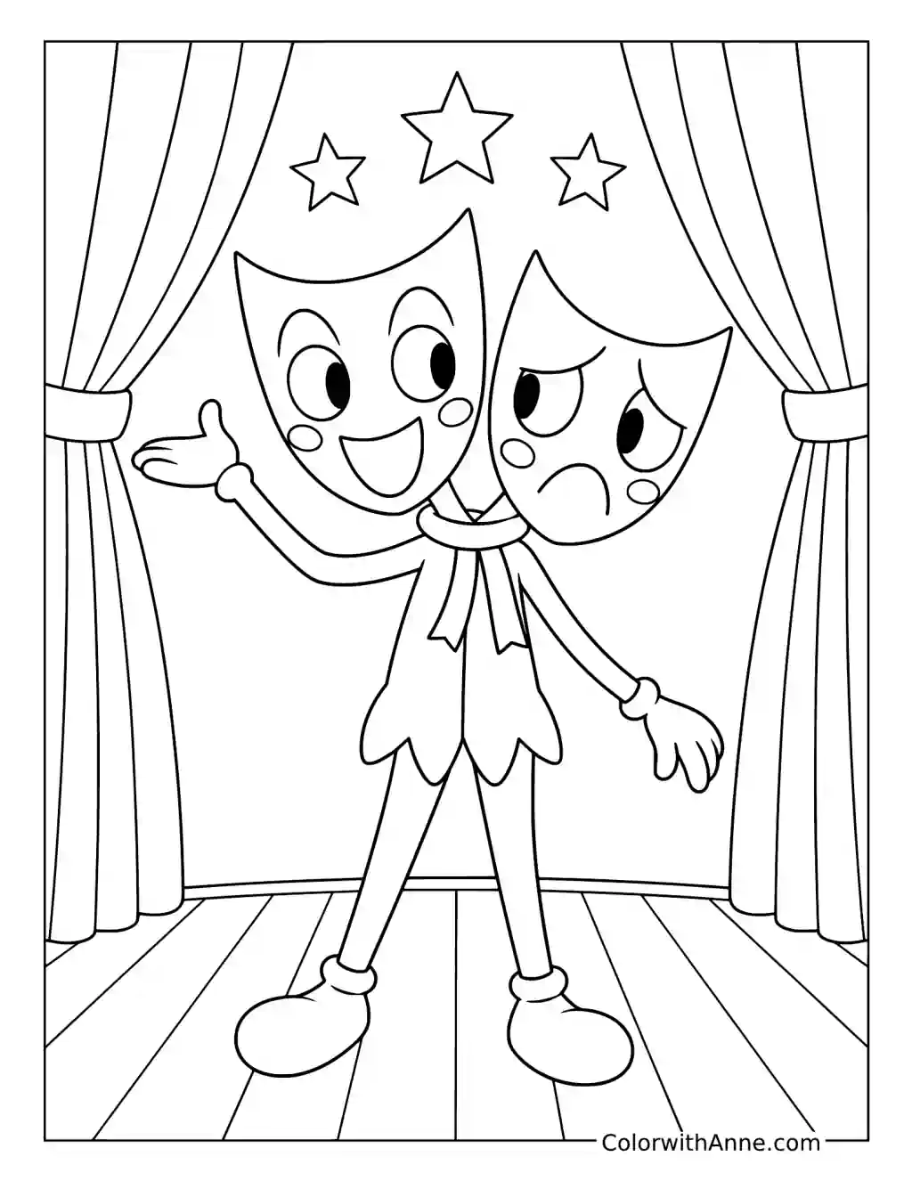 Razzle and Dazzle stand between theater curtains beneath three stars above the wooden stage.