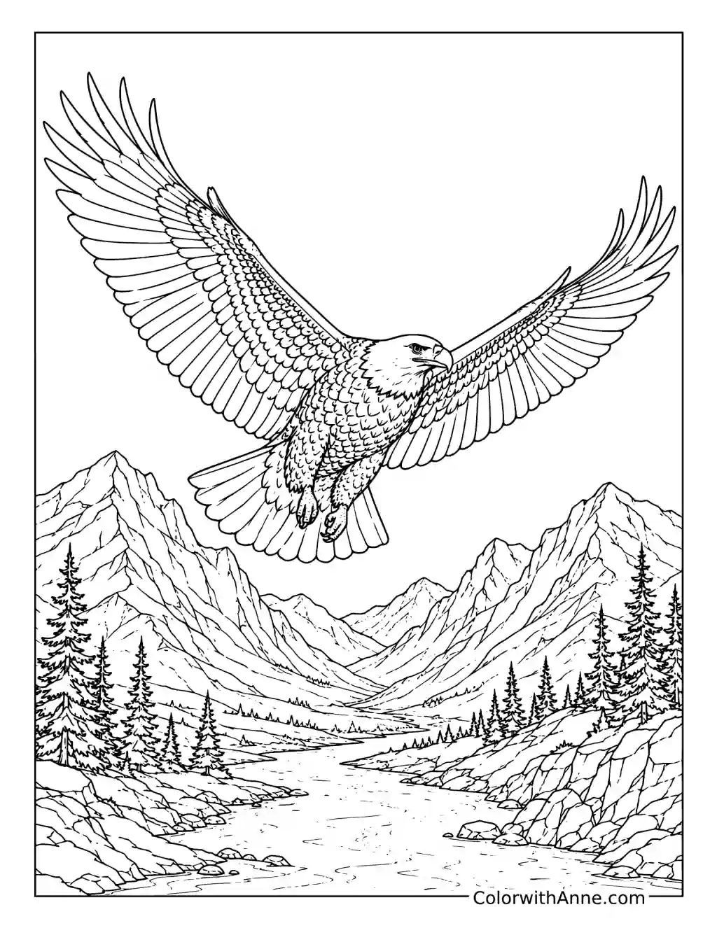 Realistic Bald Eagle Flying Over the Mountains coloring page
