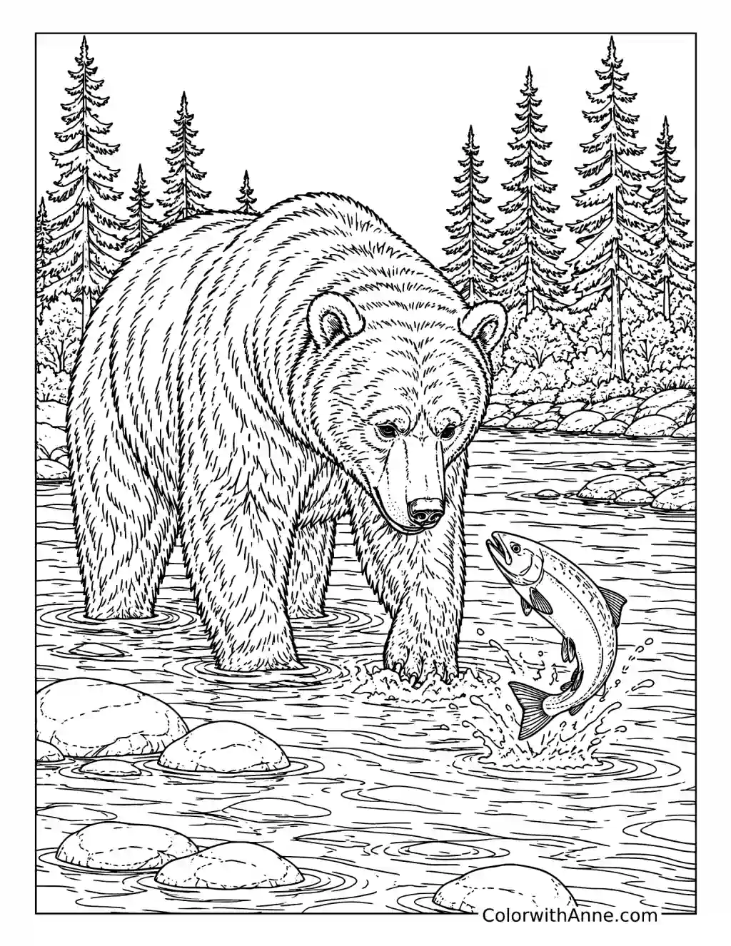 Realistic Bear Catching a Salmon coloring page