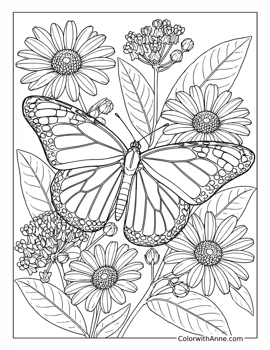 Realistic Butterfly on Wildflowers coloring page