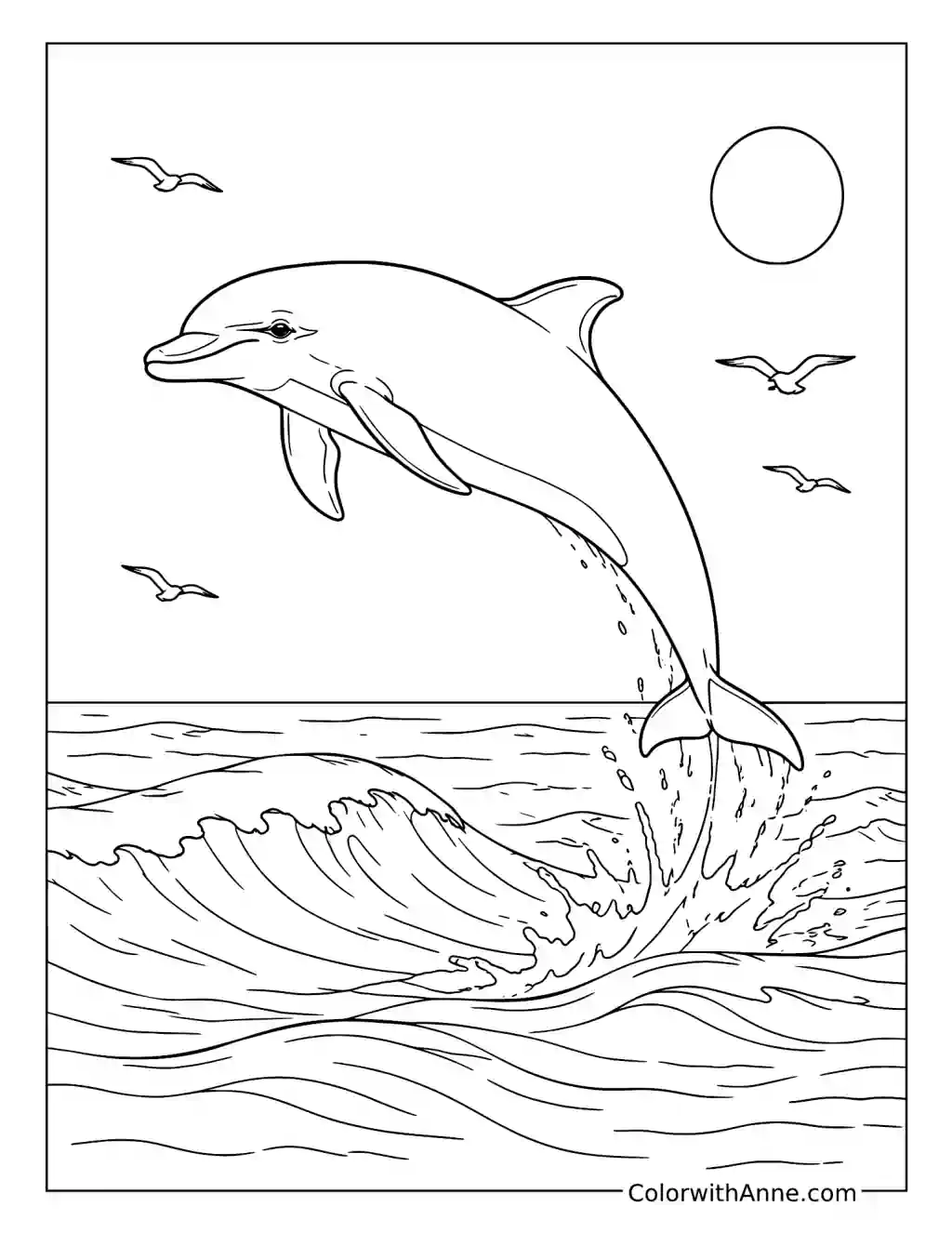 Realistic Dolphin Leaping Over Ocean Waves coloring page