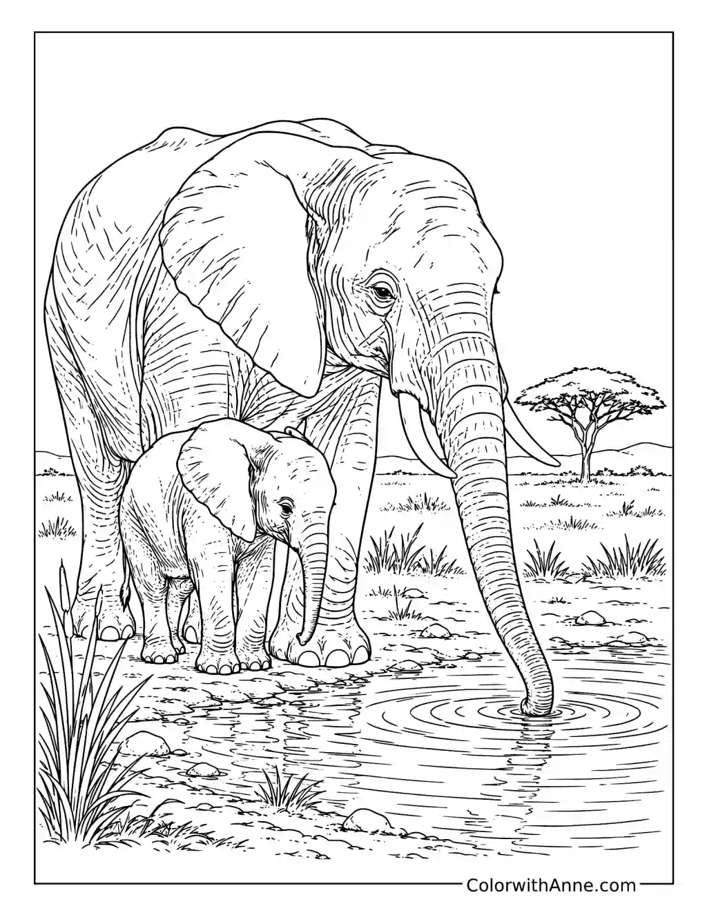 Realistic Elephant Family at a Waterhole coloring page