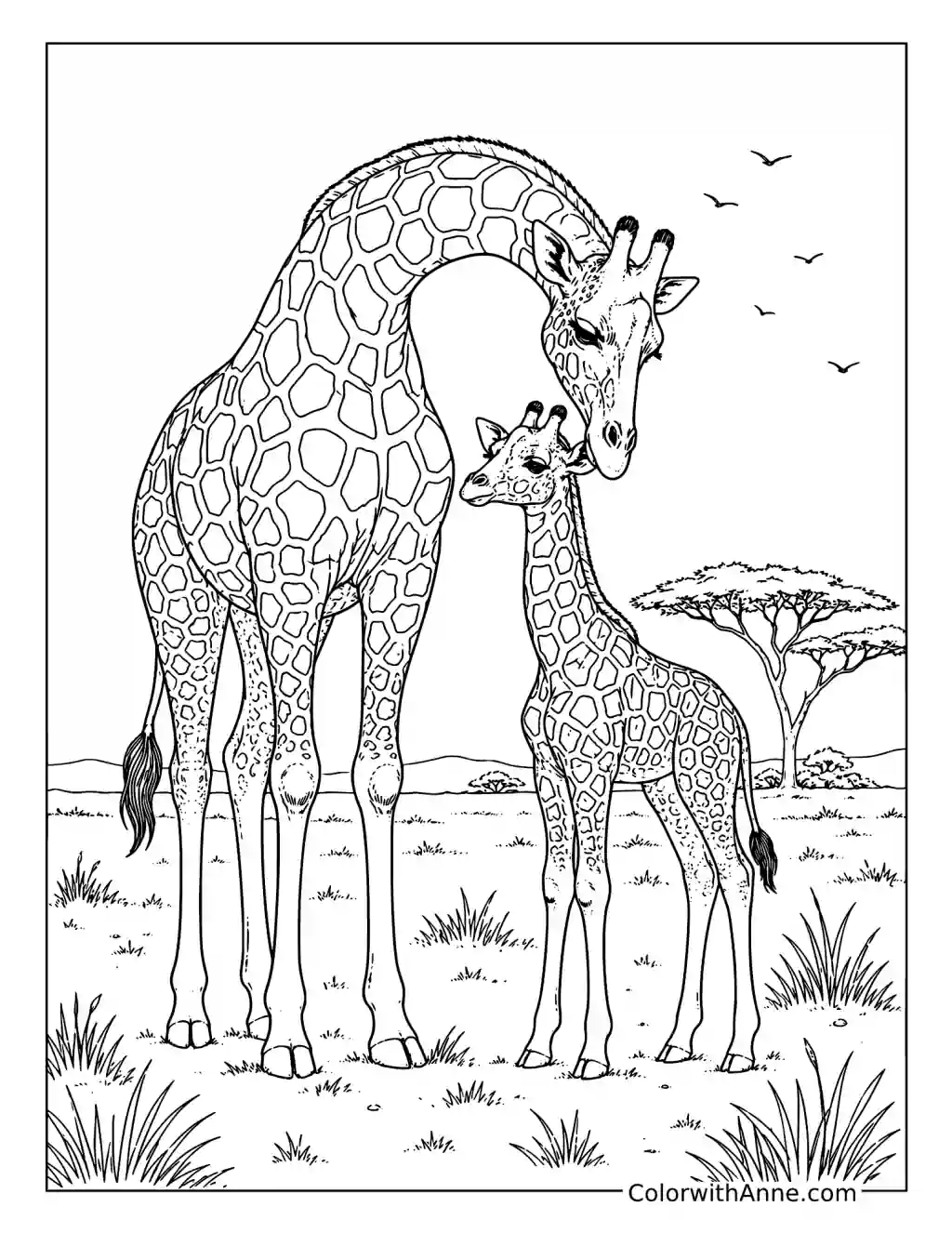 Realistic Giraffe and Calf on the Savanna coloring page