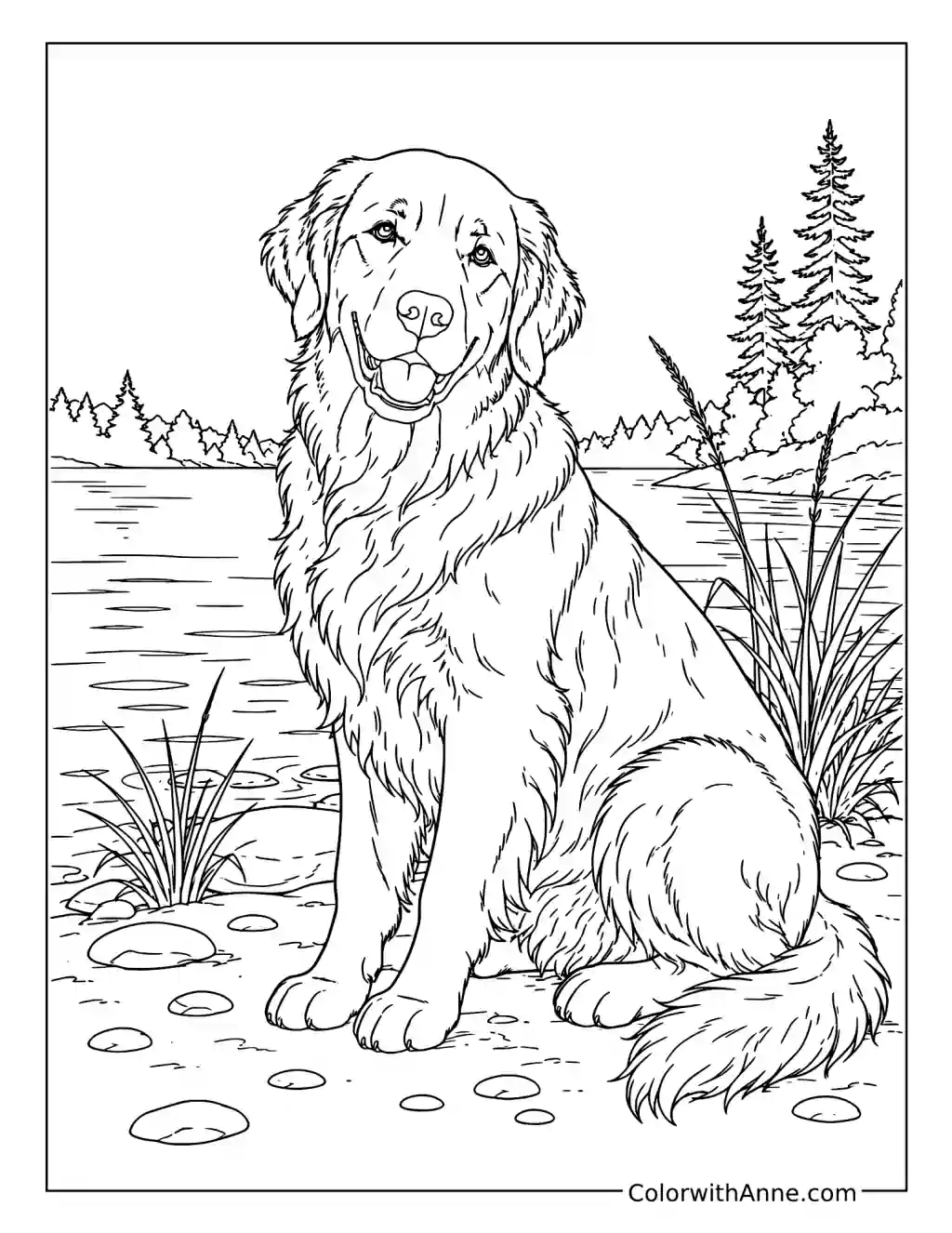 Realistic Golden Retriever by a Lakeside coloring page