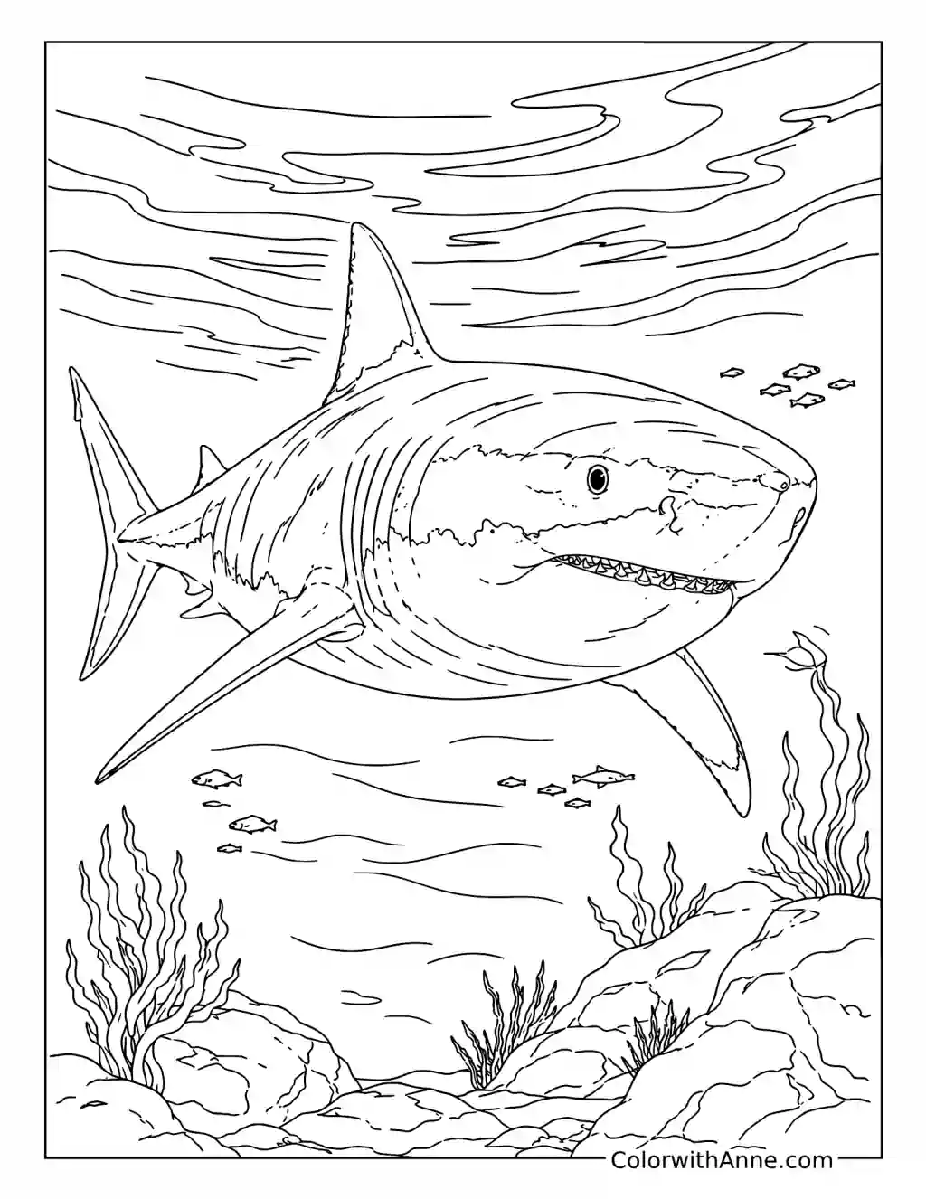 Realistic Great White Shark Underwater coloring page