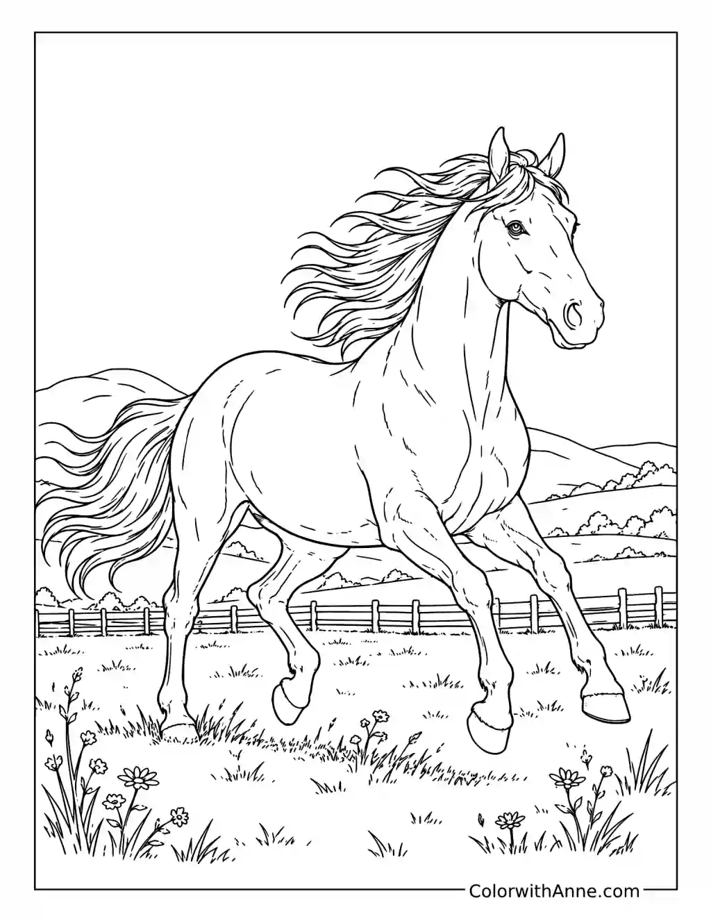 Realistic Horse Running Through a Meadow coloring page
