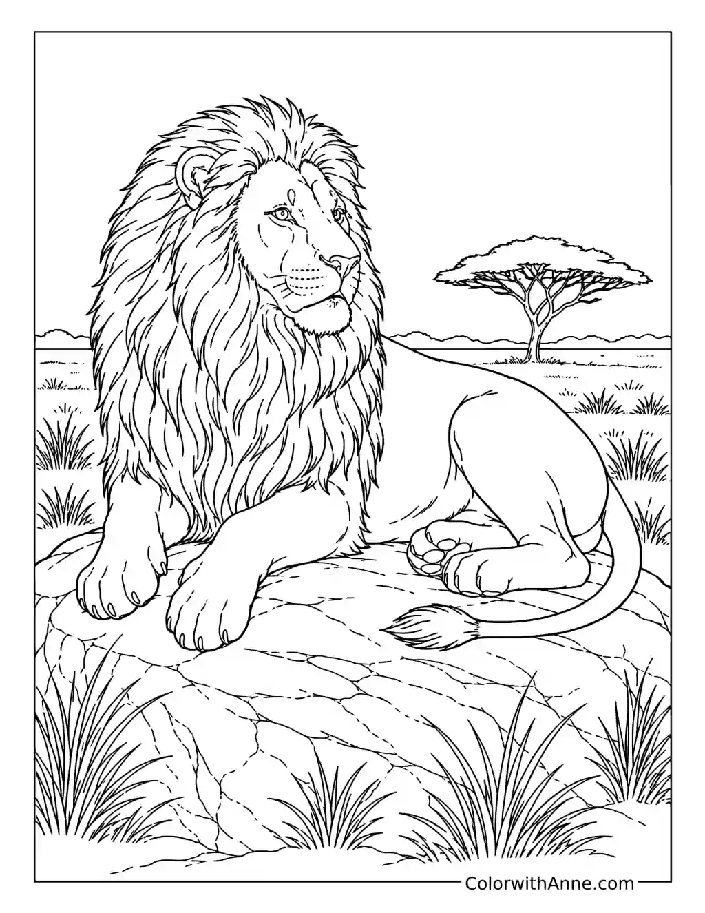 Realistic Lion Resting on the Savanna coloring page
