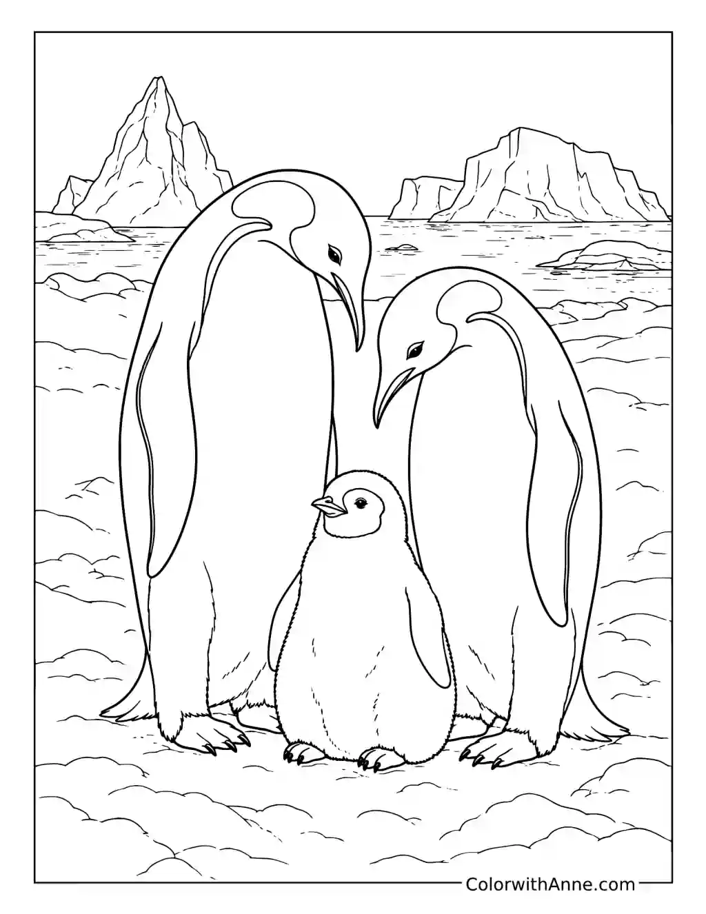 Realistic Penguin Family in Antarctica coloring page