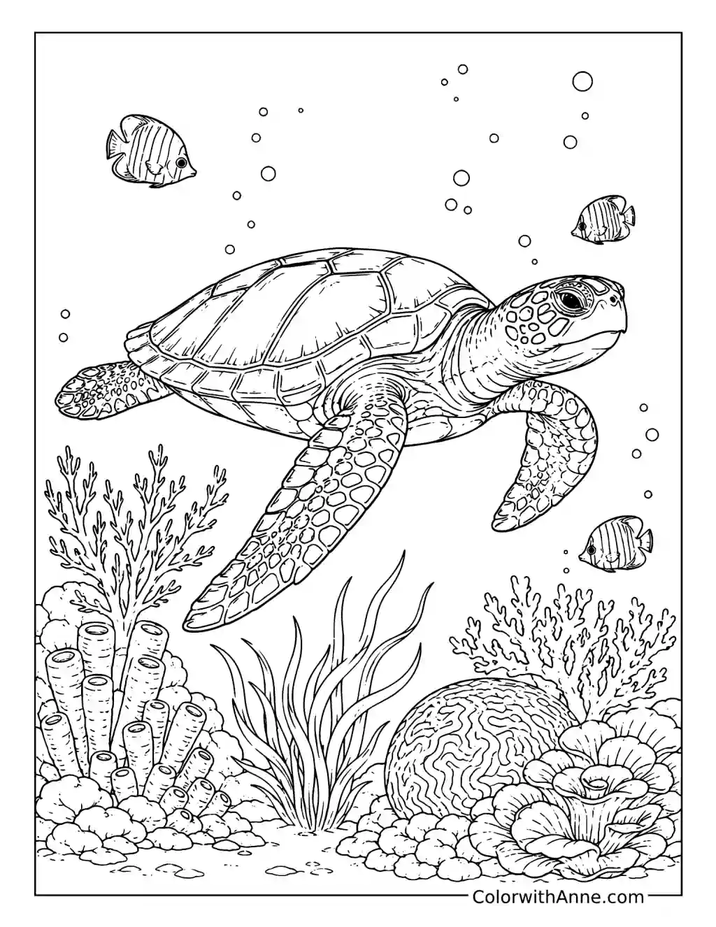 Realistic Sea Turtle Swimming Through a Coral Reef coloring page