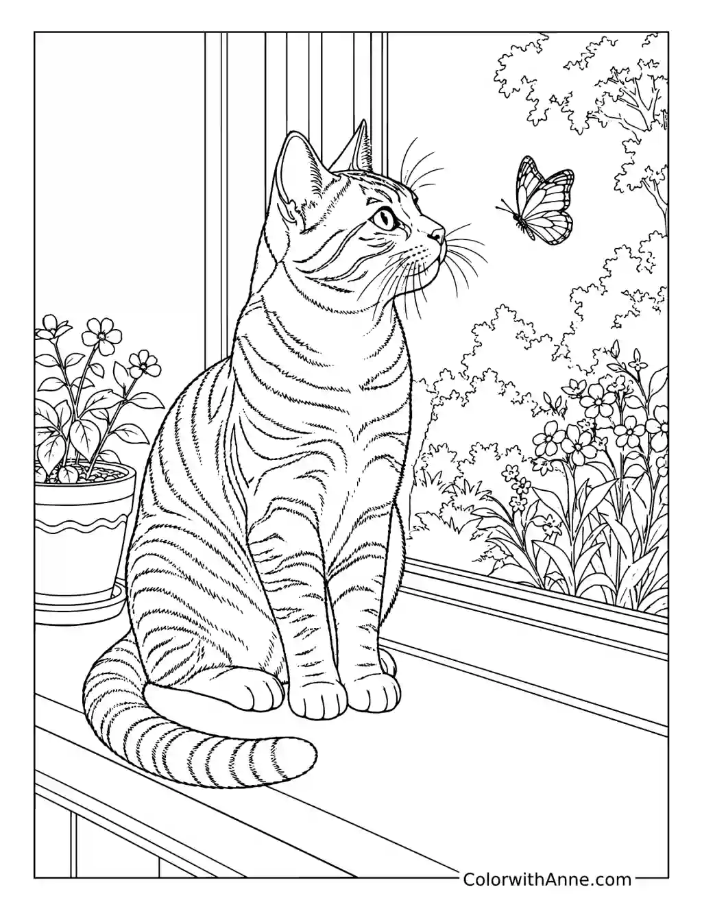 Realistic Tabby Cat Sitting by a Window coloring page