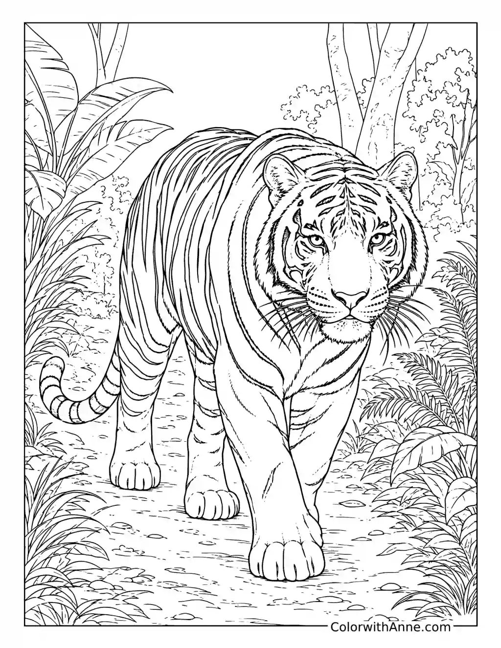 Realistic Tiger Walking Through the Jungle coloring page