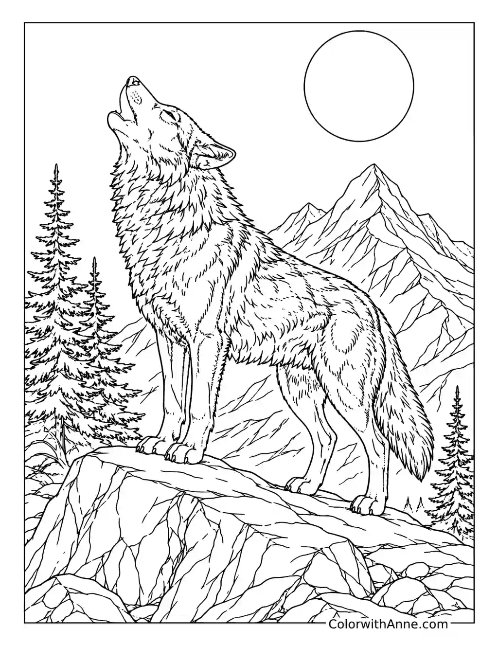 Realistic Wolf Howling in the Mountains coloring page