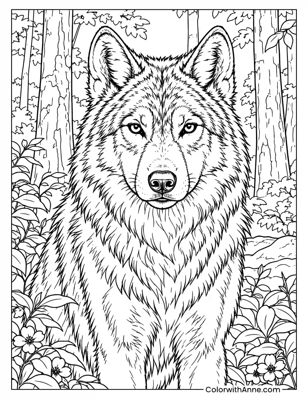 Realistic Wolf in the Forest Coloring Page