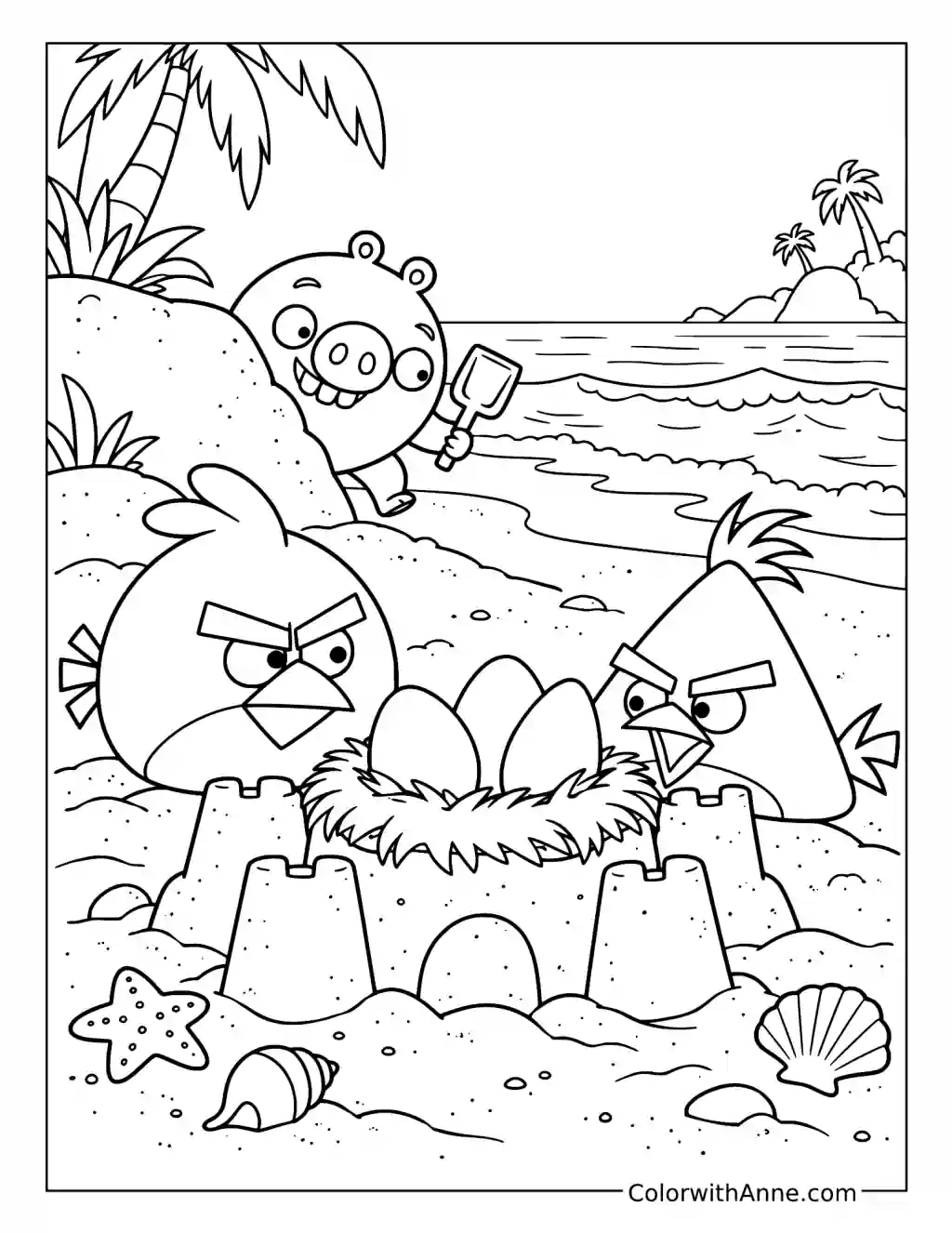 Red and Chuck protect eggs in a beach sandcastle while a pig peeks out holding a shovel.