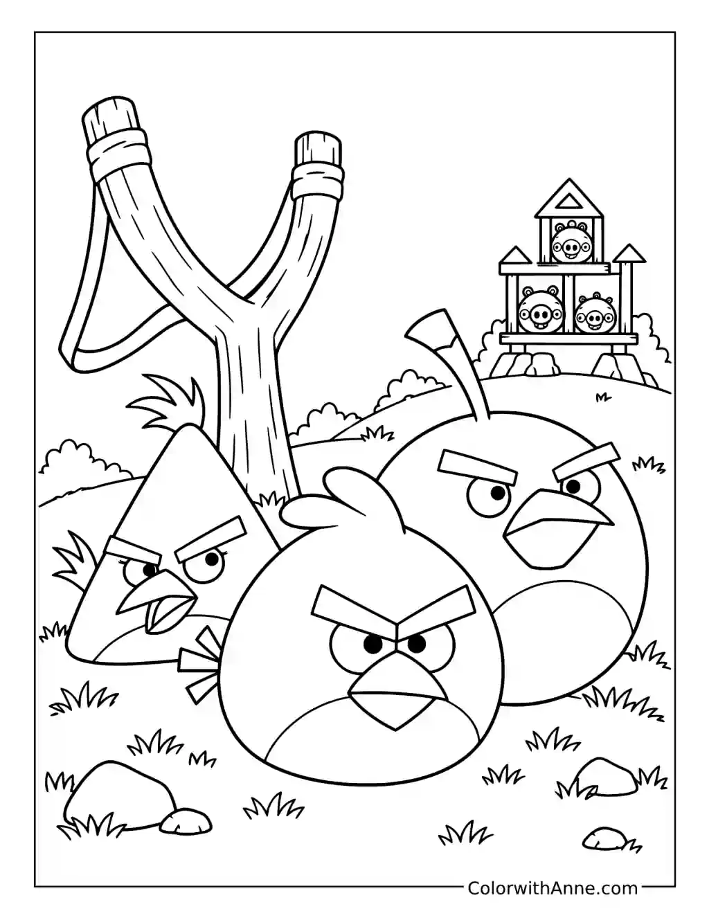 Red, Chuck, and Bomb stand together near a slingshot facing pigs in a distant wooden fortress.