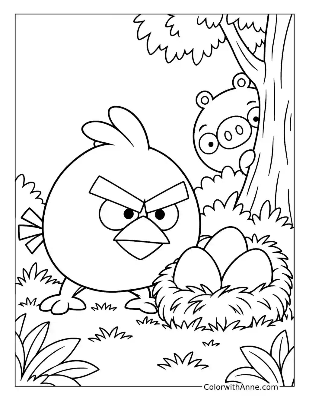Red guards three eggs in a grassy nest while a pig peeks from behind a tree.