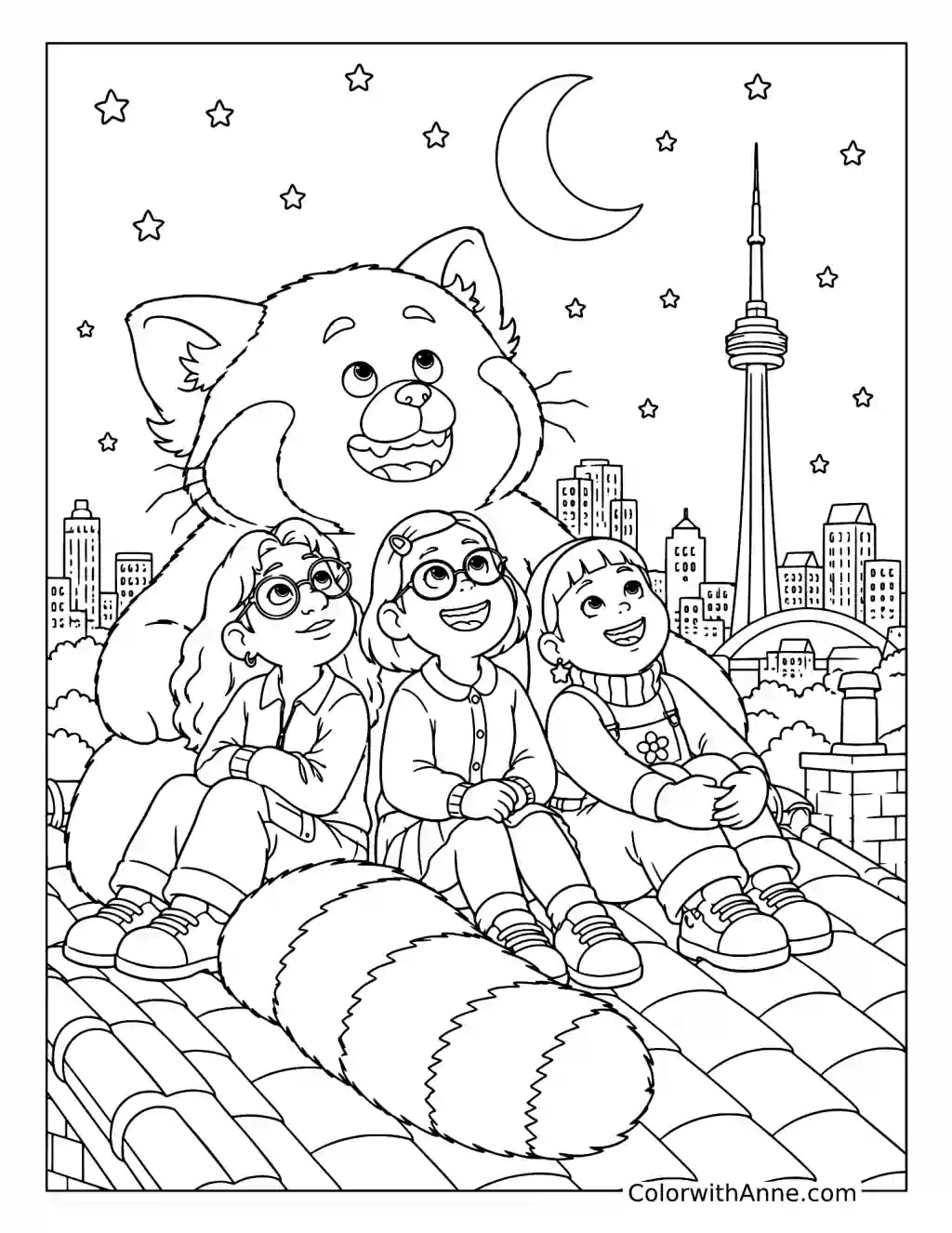 Red Panda Mei and Friends Under the Moon coloring page