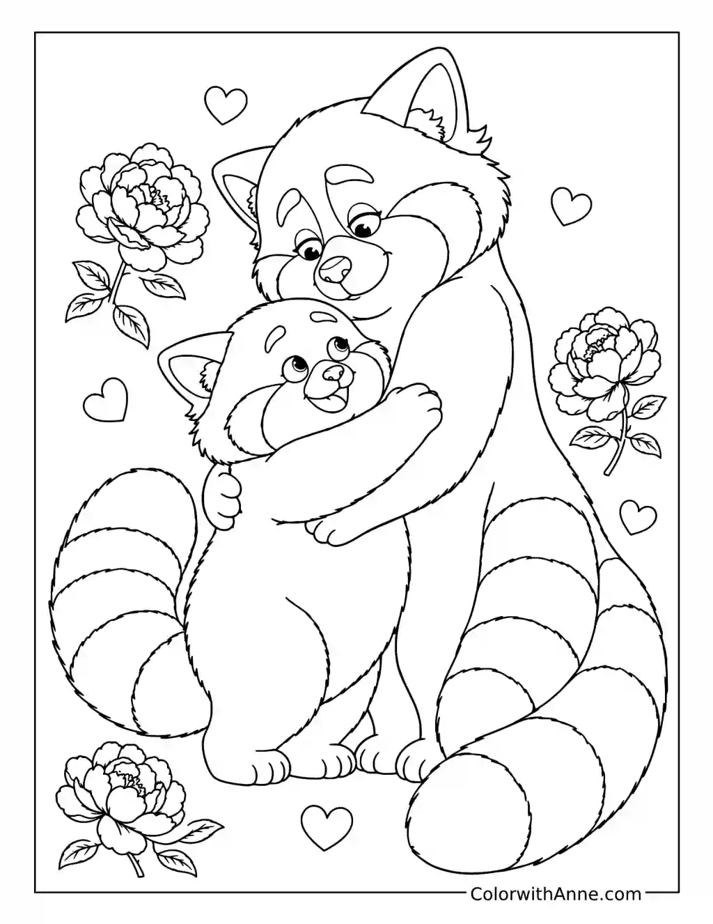 Red Panda Mei and Ming Hugging coloring page