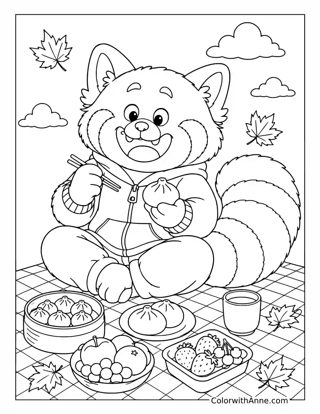 Red Panda Mei at a Dumpling Picnic coloring page
