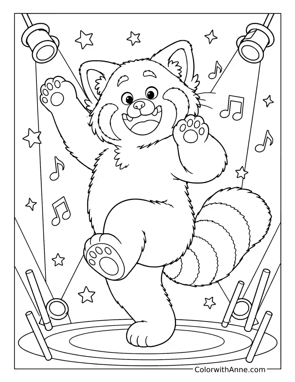 Red Panda Mei Dancing at a Concert coloring page