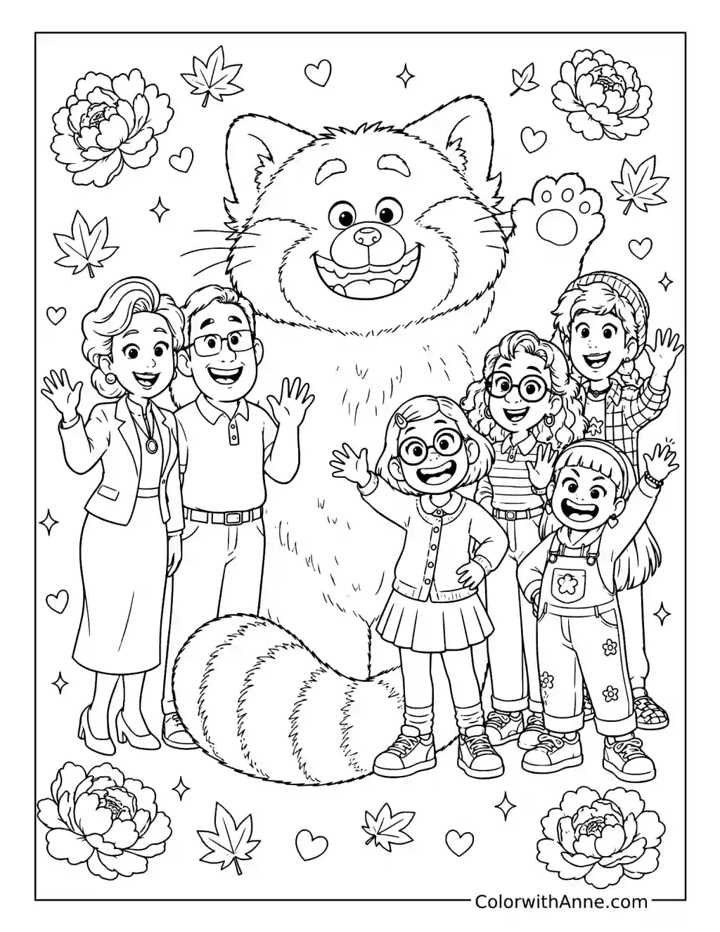 Red Panda Mei Family and Friends Celebration coloring page