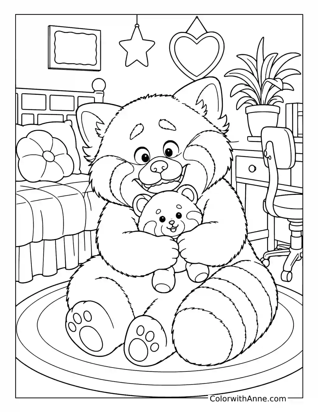 Red Panda Mei Holding a Plush Toy coloring page