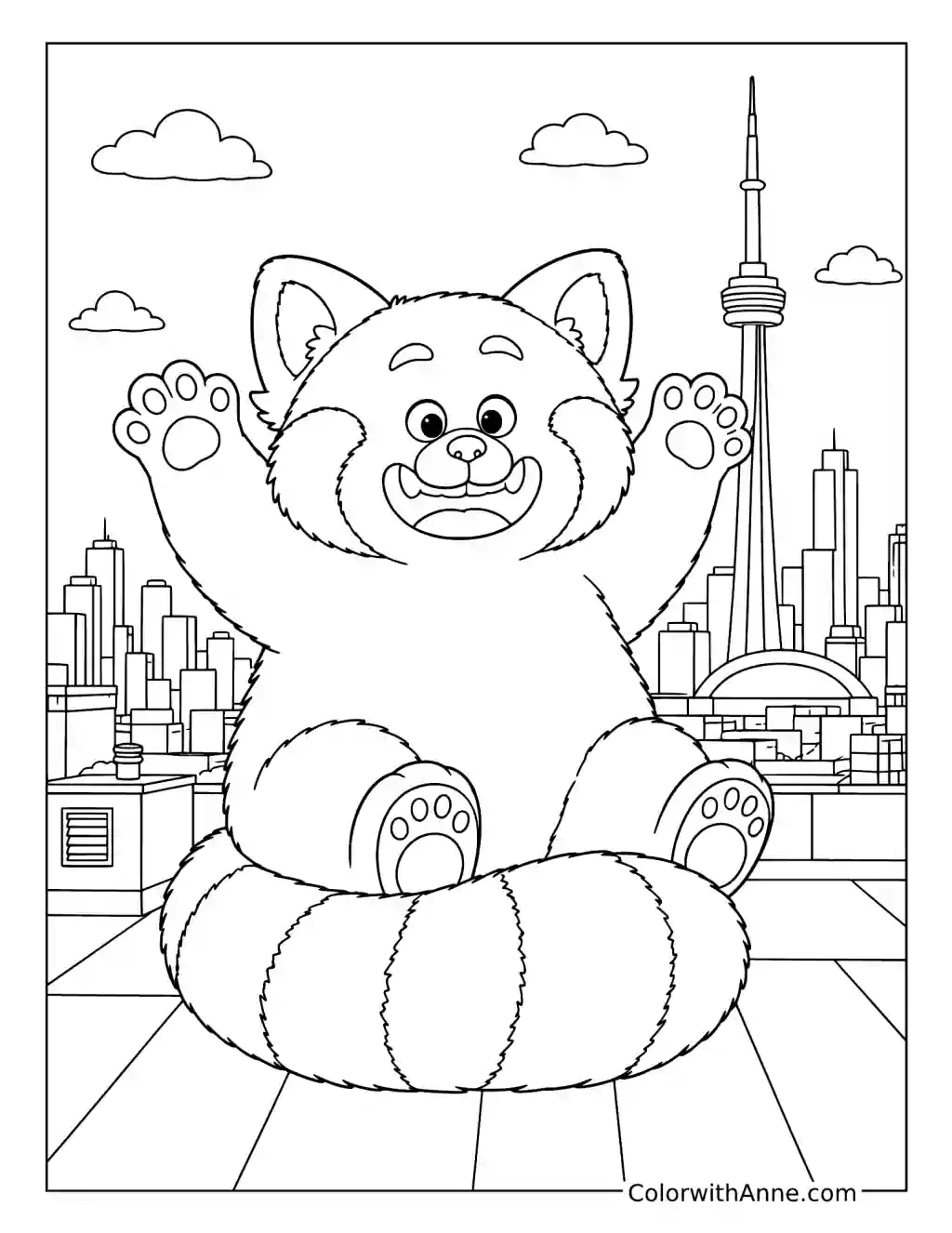 Red Panda Mei on a Toronto Rooftop coloring page