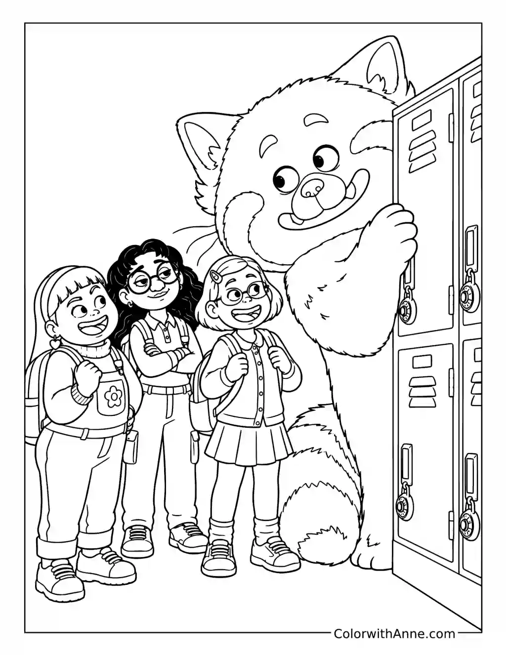 Red Panda Mei Peeking Around School Lockers coloring page