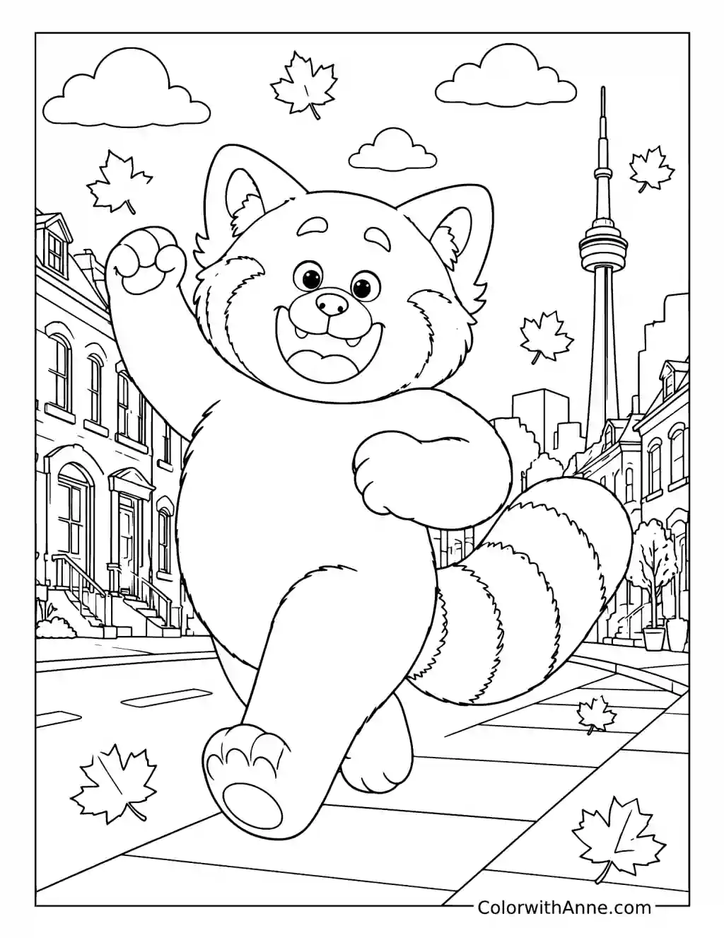 Red Panda Mei Running Through Toronto coloring page