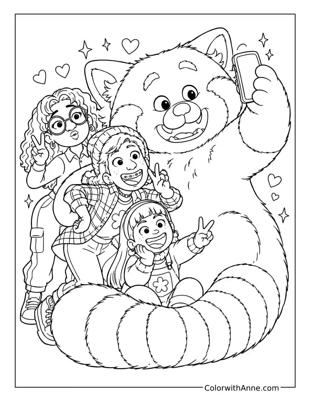 Red Panda Mei Taking a Selfie with Friends coloring page