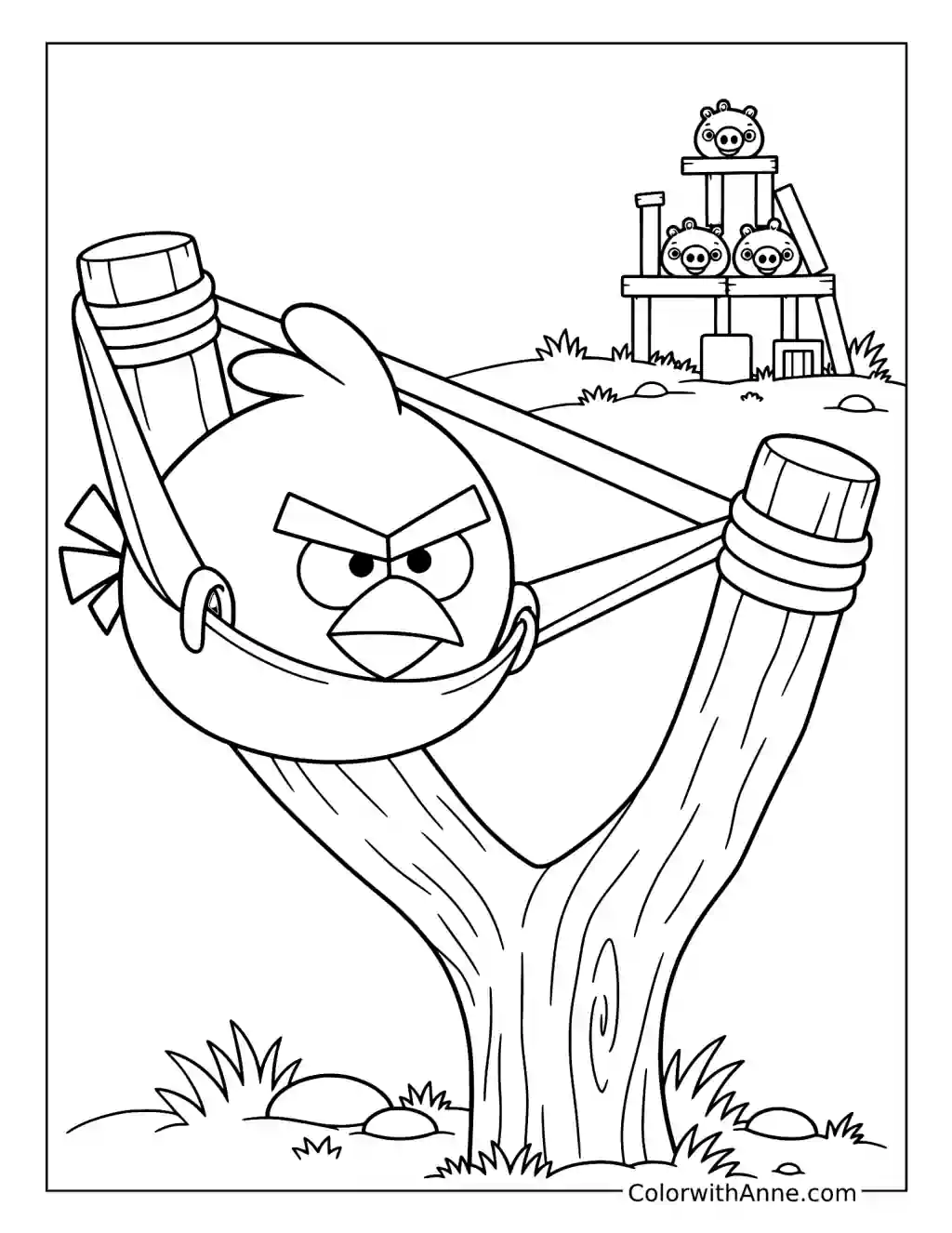 Red waits in a stretched wooden slingshot facing a distant tower occupied by three pigs.
