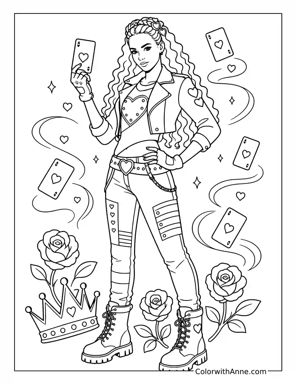 Red with Playing Cards and Roses coloring page