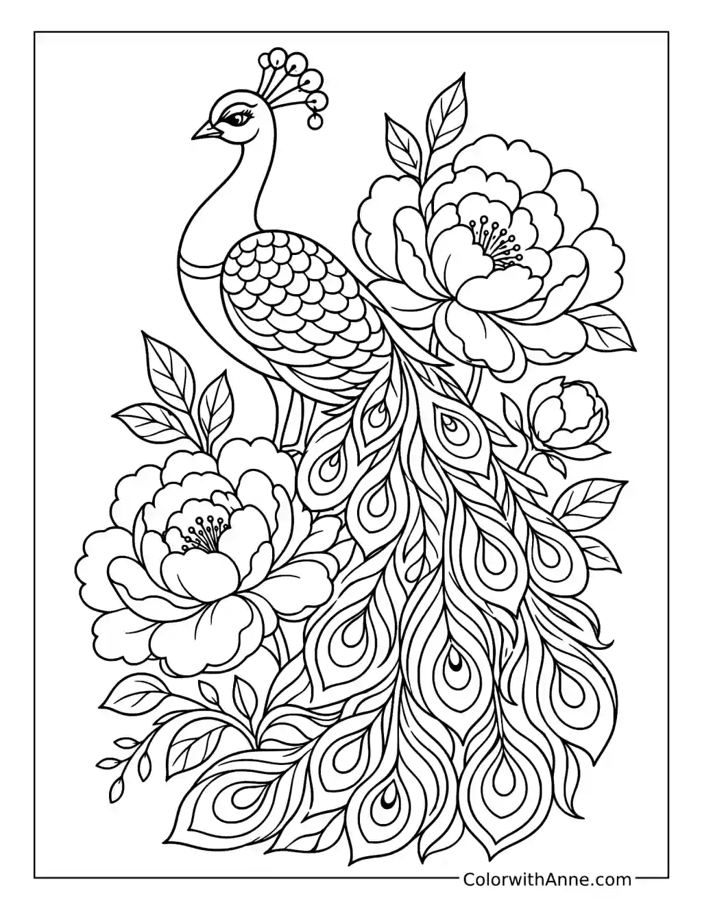 Regal Peacock Among Peonies coloring page