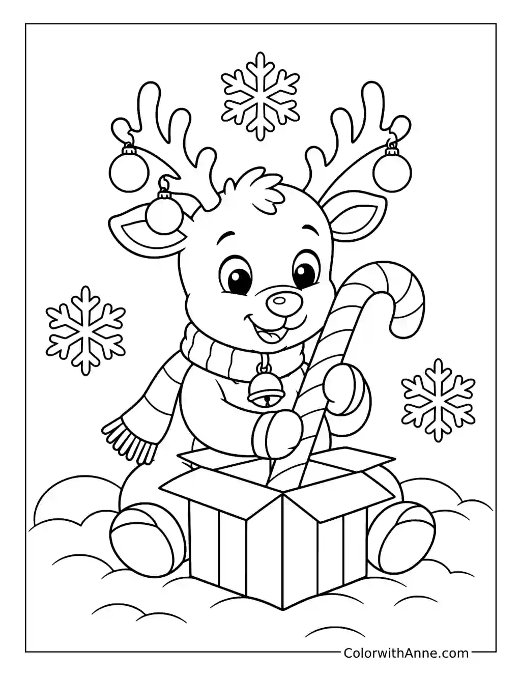 Reindeer in a Gift Box with a Candy Cane coloring page