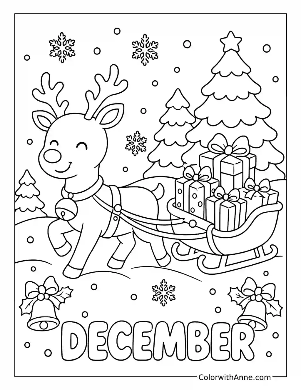 Reindeer Pulling a Gift Sled coloring page