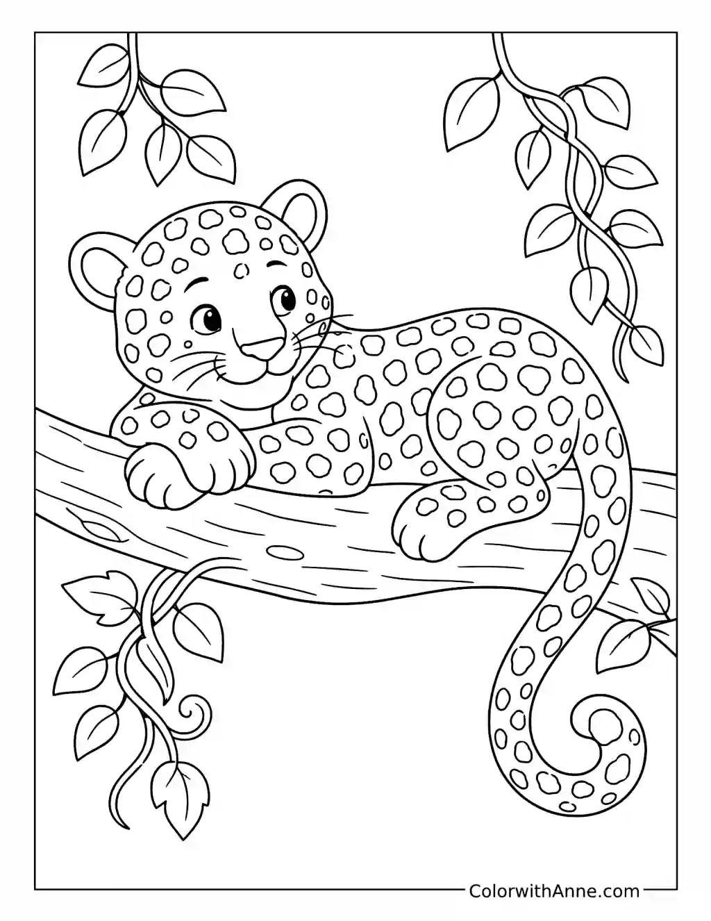 Relaxing Jaguar on a Jungle Branch coloring page