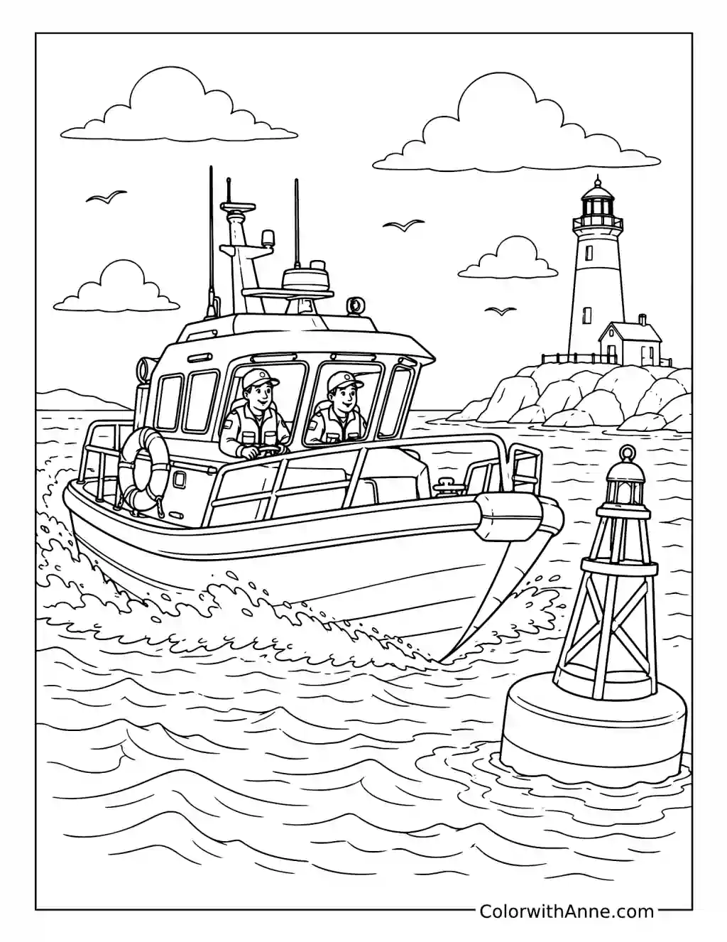 Rescue Lifeboat Near a Lighthouse coloring page