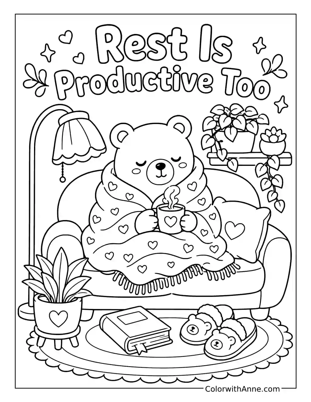 Rest Is Productive Too with a Bear in a Blanket coloring page