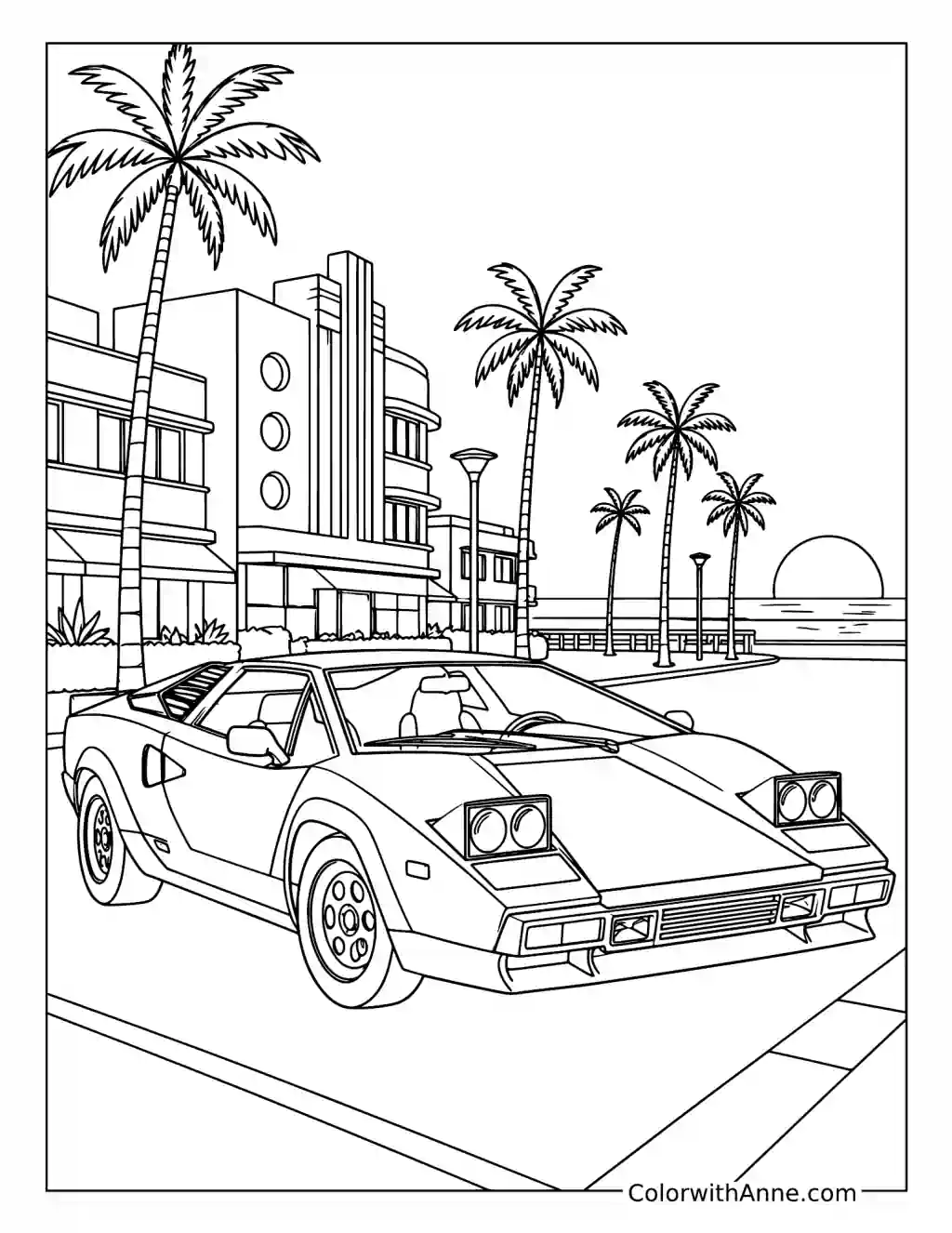 Retro Wedge Sports Car at Sunset coloring page