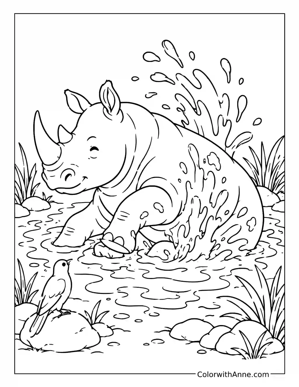 Rhinoceros Taking a Mud Bath coloring page