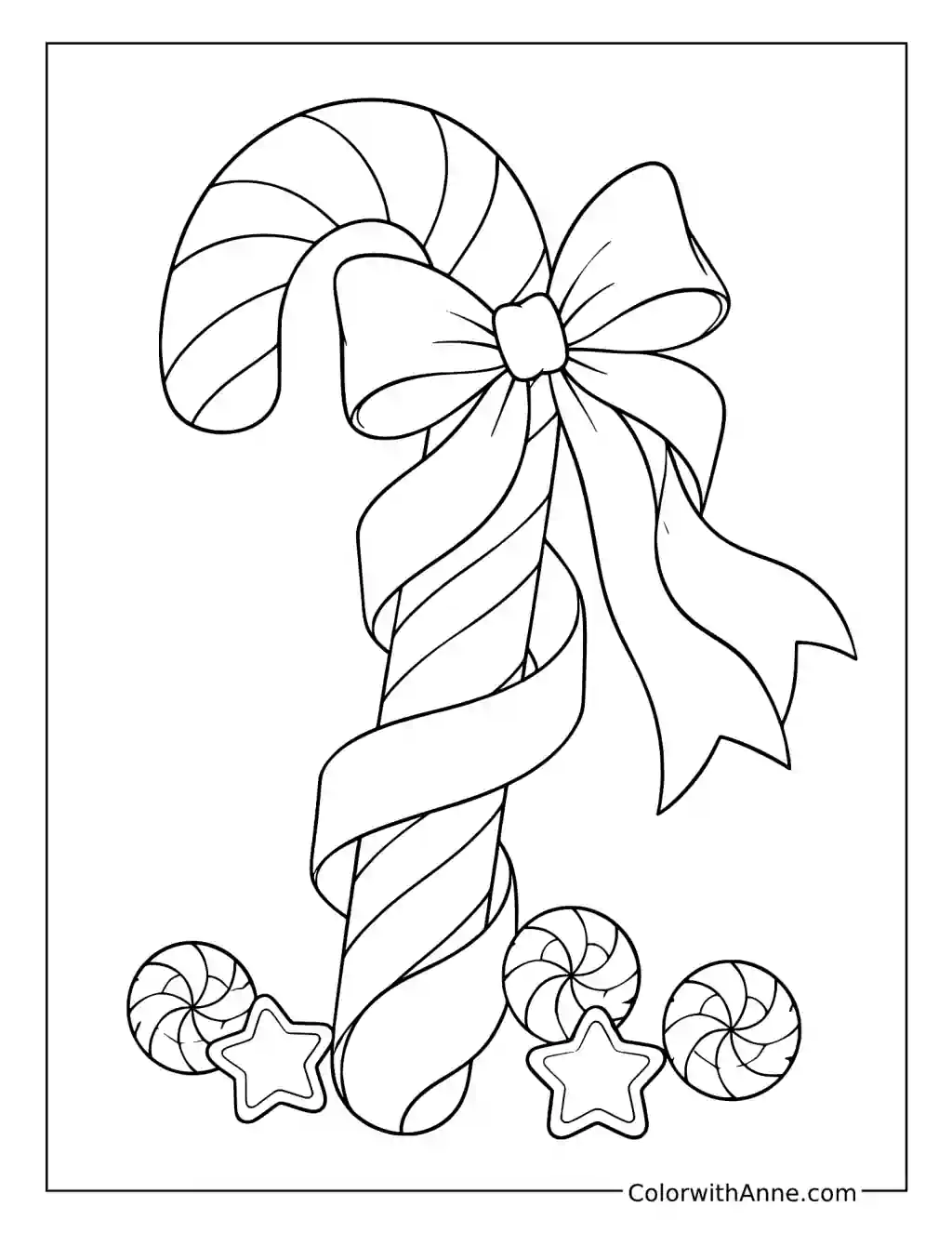 Ribbon-Wrapped Candy Cane with a Bow coloring page