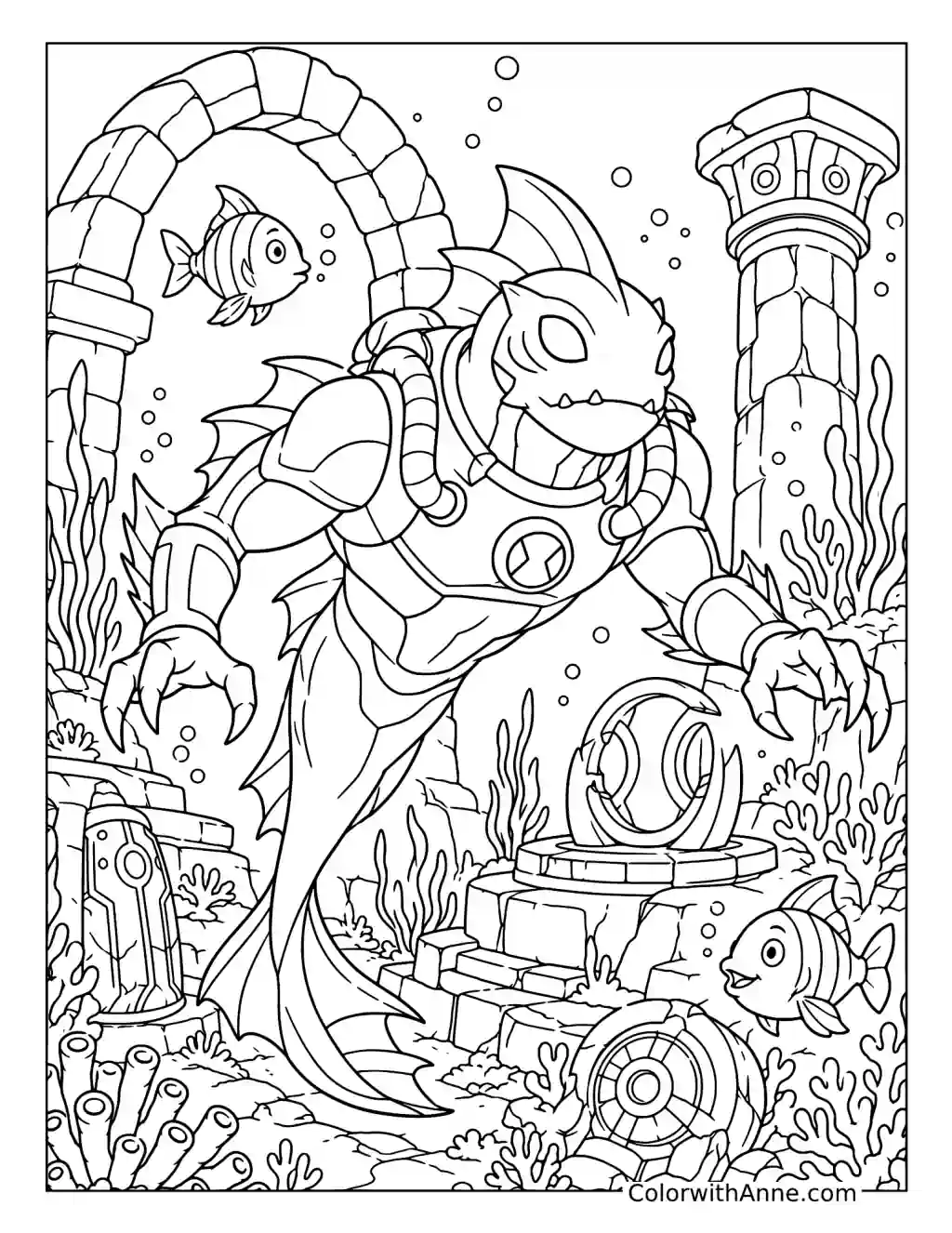 Ripjaws Explores Underwater Alien Ruins coloring page
