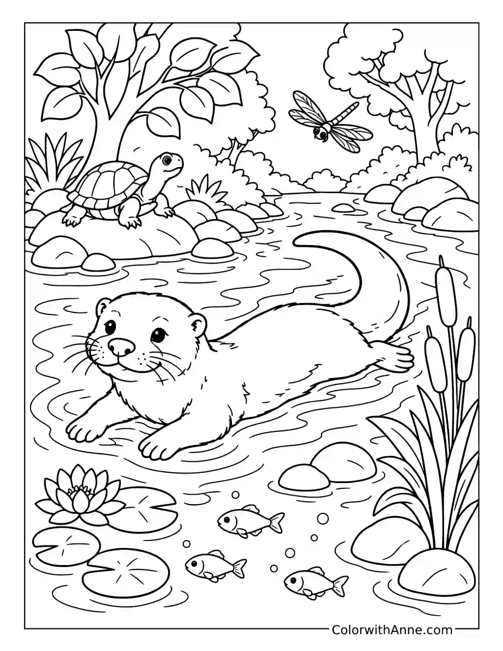 River Otter Swimming in a Forest Stream coloring page