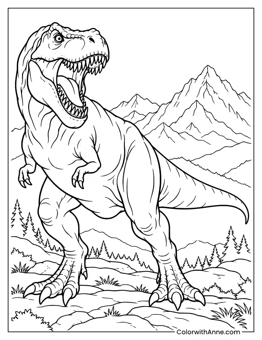 Roaring T-Rex in a Mountain Landscape Coloring Page